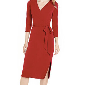 INC Womens Red Belted Side Tie 3/4 Sleeve Below Knee Faux Wrap Dress SZ XM S M